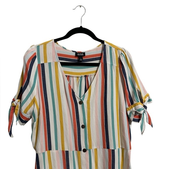 a.n.a Rainbow Striped Midi Sundress with V-Neck and Cuffed Sleeves Linen Blend L - Picture 5 of 10